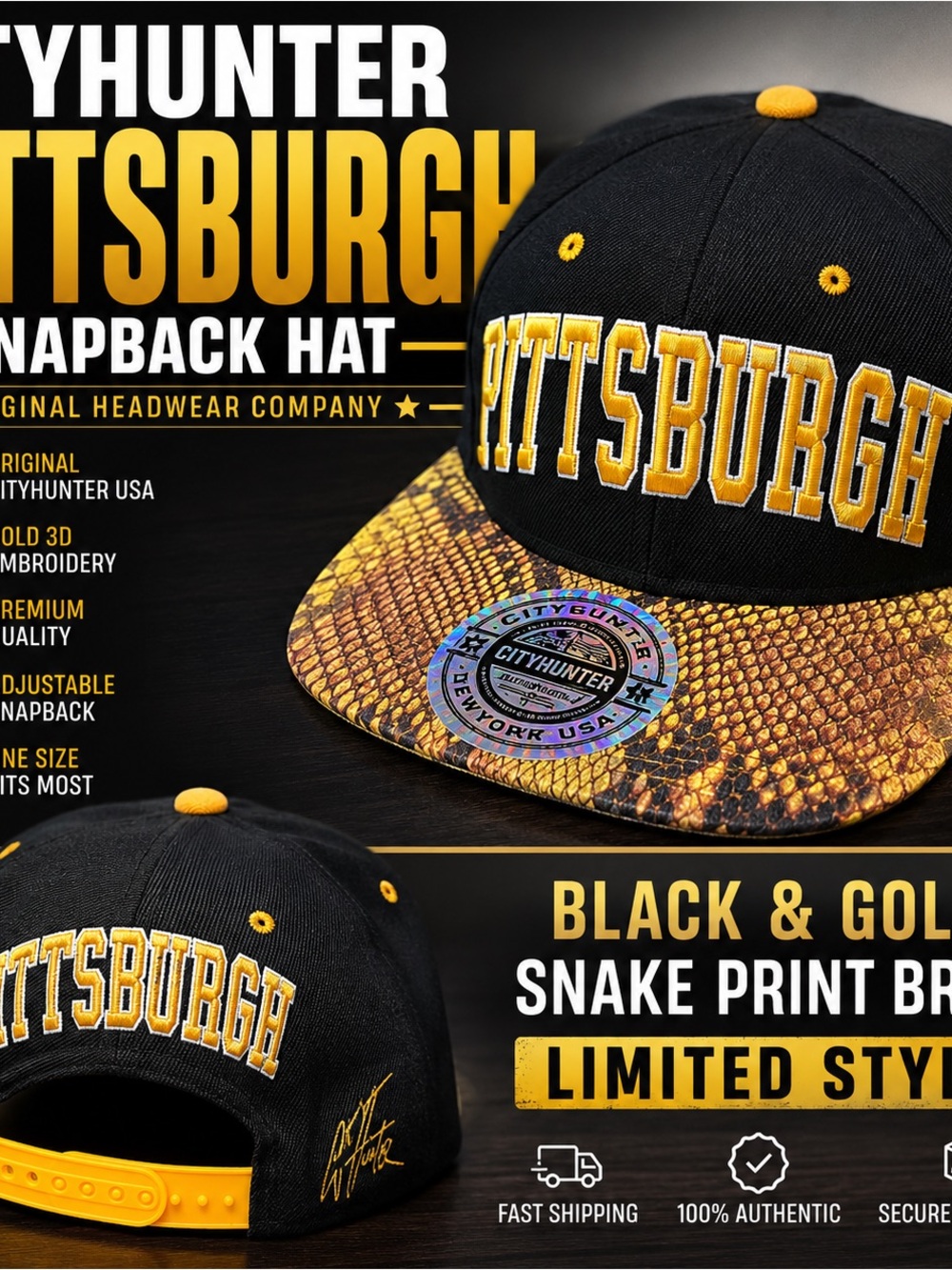 Hunter Black and Gold Pittsburgh Snake Print Snapback Hat